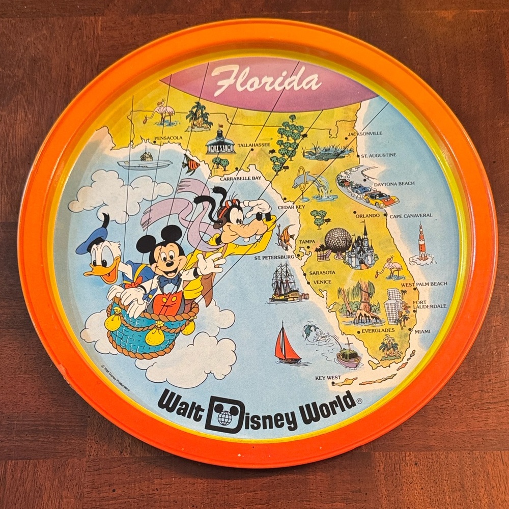 Vintage Walt Disney World Florida Map Round Tin Metal Tray Mickey Donald Goofy